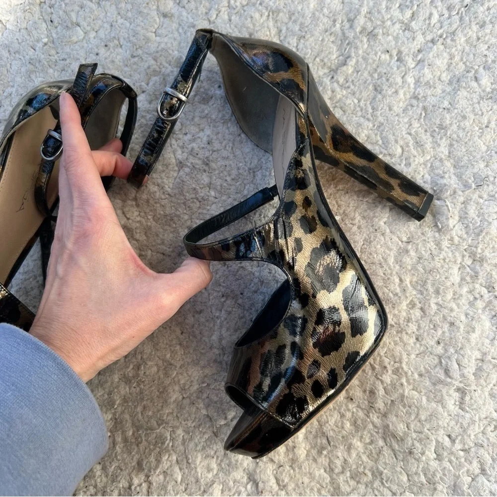 Via Spiga: Metallic Leopard Print Peep Toe D'Orsay Ankle Strap Platform Heels
